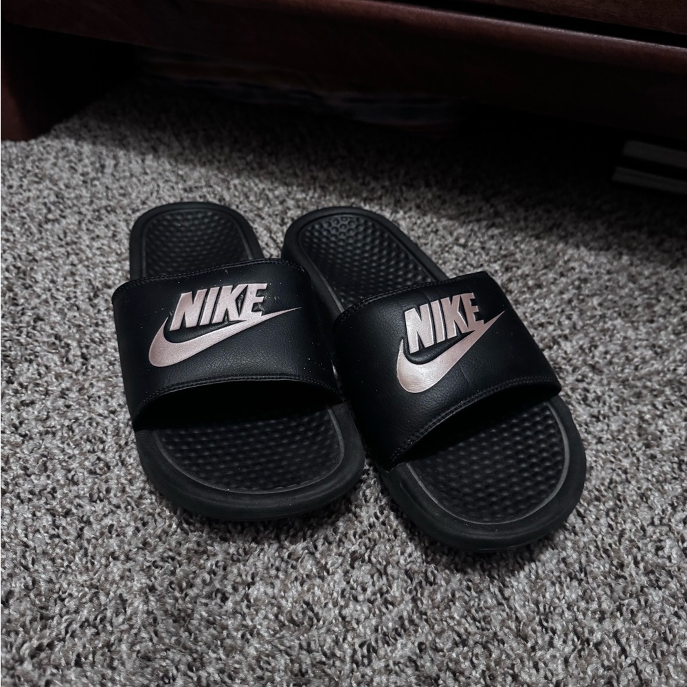 Nike Black Slide Sandals with Rose gold Logo